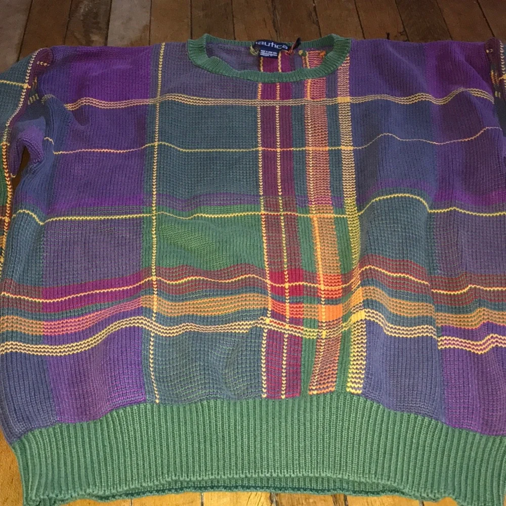 Nautica Multicolor Plaid Crewneck Sweater - Green, Purple & Red Accents